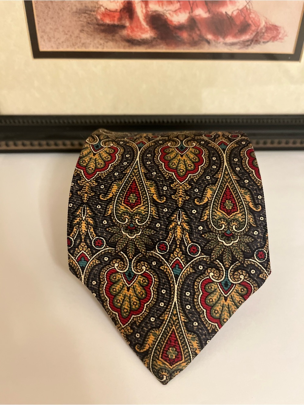 Polo by Ralph Lauren Silk Black Paisley Tie with Gold and Red Accents